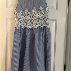 Blue and White Striped Dress with Lace Detail